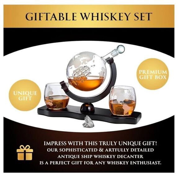 The Wine Savant Whiskey Decanter Globe Set with 2 Etched Whiskey Glasses - Picture 1 of 8